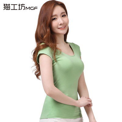 猫工坊春夏纯色短袖T恤圆领女士上衣 修身显瘦大码打底衫女2件套