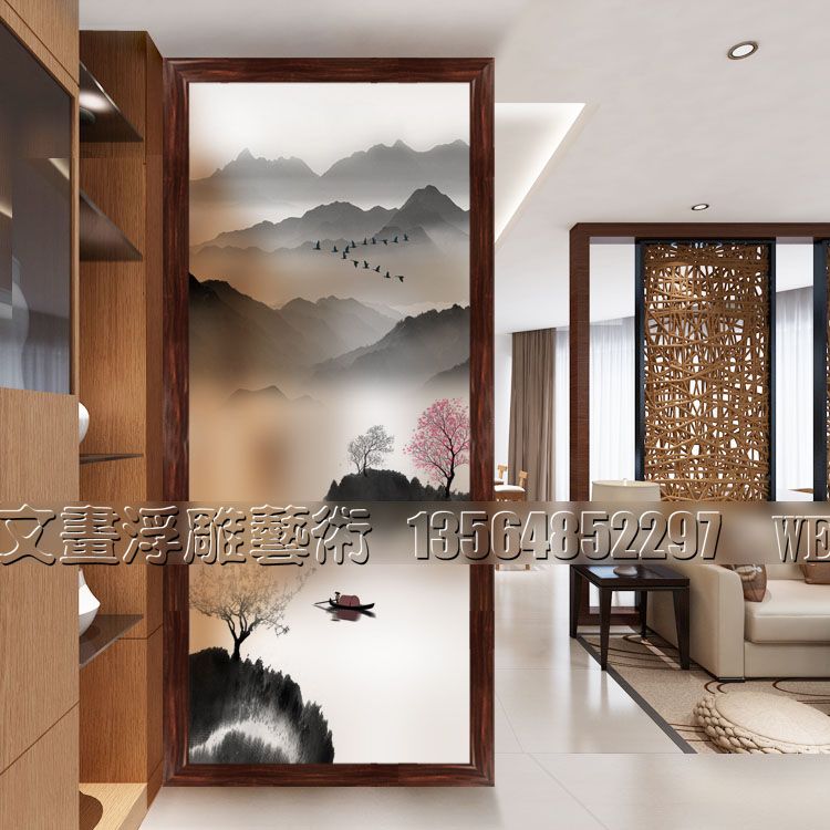 钢化艺术玻璃隔断屏风进门柜玄关客厅背景新中式山水现代简约透光|ruв категории основы строительных материалов, стекло, художественного стекла - от Buy2taobao.com для оказания профессиональной услуги покупки агента Taobao