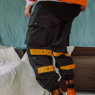 国潮18SS运动织带束脚裤情侣薄皱冰风衣布嘻哈阔腿裤男宽松长裤夏