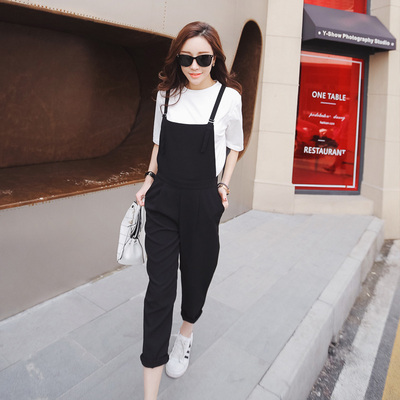 黑色高腰背带裤女九分小脚2018春季新款韩版潮宽松学生吊带连体裤