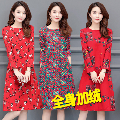 小碎花棉麻连衣裙2018新款秋冬中长款内搭加绒打底裙亚麻印花裙子