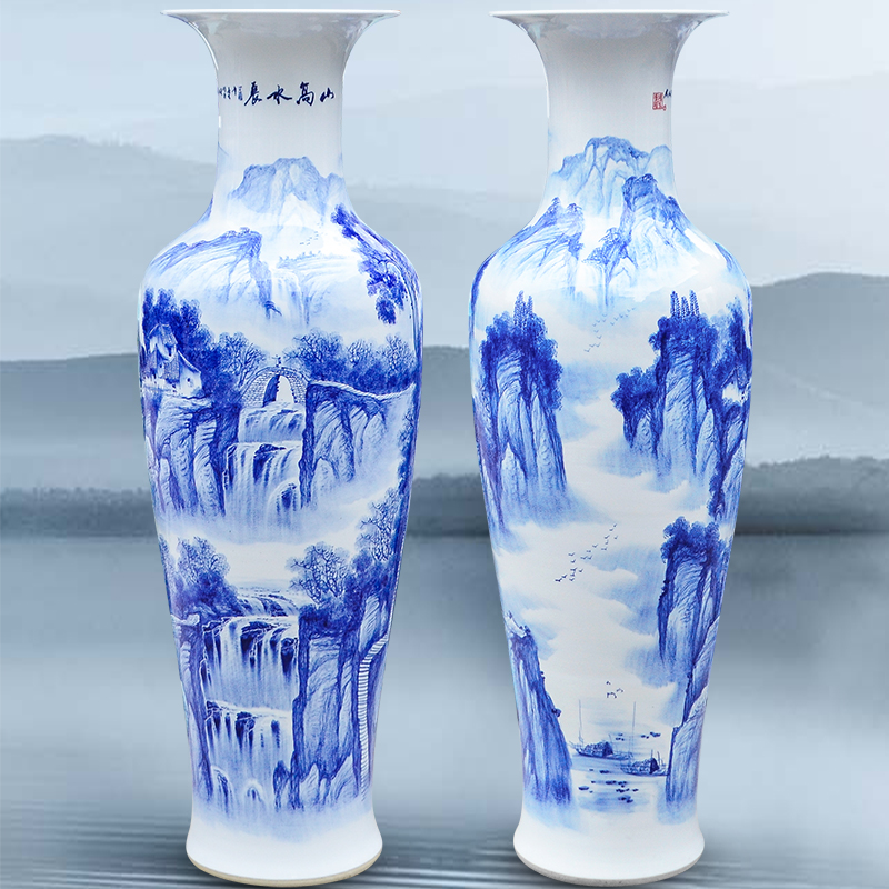 景德镇陶瓷手绘落地大花瓶客厅现代中式青花山水画电视柜装饰摆件|ruв категории Домашний быт, ваза/цветок/искусственные цветы/моделирование украшения, цветок/ваза, ваза - от Buy2taobao.com для оказания профессиональной услуги покупки агента Taobao