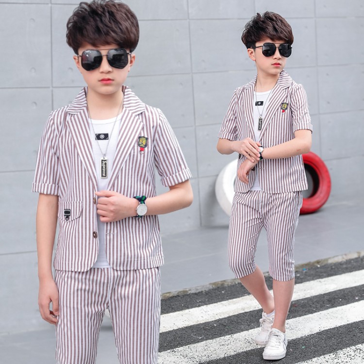 儿童夏装男童礼服套装夏季男孩宝宝短袖韩版中大童条纹西装三件套|ruв категории Мужская одежда, костюм - от Buy2taobao.com для оказания профессиональной услуги покупки агента Taobao