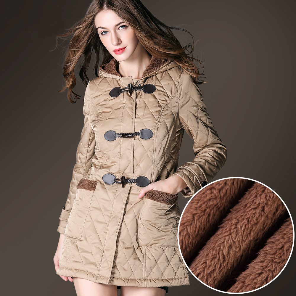 Europe Retro style Horn button cotton-padded clothes Women's wear Autumn and winter new pattern Hooded Lambswool Mid length version Diamond lattice Cottonin the Women's clothing/Boutique , Cotton/Padded category - from Buy2taobao.com to provide professional Taobao agent buy service