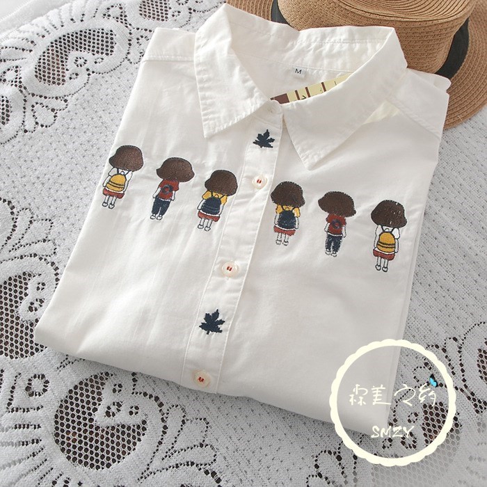 。2018秋裝新款日系小清新刺繡學生打底衫純棉白色長袖襯衫襯衣女在類目 女裝/女士精品, 襯衫中 - 來自Buy2taobao.com提供專業的淘寶代購服務