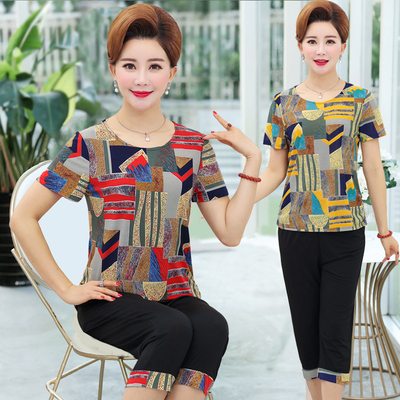 妈妈夏装套装2019新款中年女上衣+裤子中老年短袖t恤奶奶装两件套