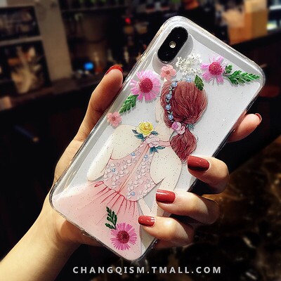韩风唯美背影 苹果Xs手机壳真花iphoneXr防摔xsmax软胶套plus女款