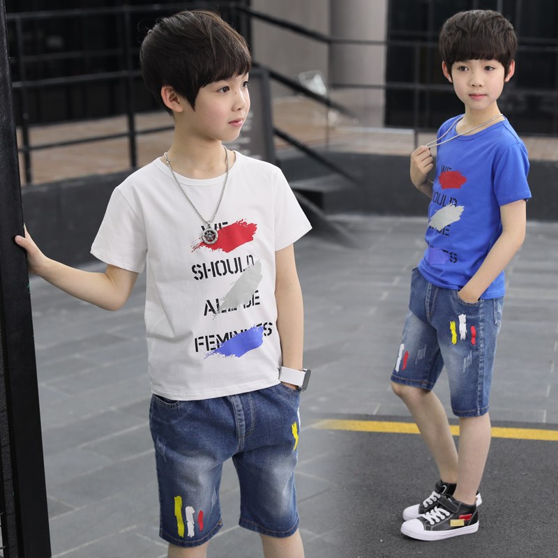 儿童牛仔五分裤两件套装男童夏季5男孩小学生短袖8短裤9T恤15岁11|ruв категории Женская одежда, костюм/студенты школьную форму/обмундирования, досуг, спортивный костюм - от Buy2taobao.com для оказания профессиональной услуги покупки агента Taobao