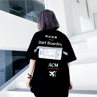 国潮夏开始登机3M反光字母短袖男女情侣T恤嘻哈宽松hiphop上衣tee