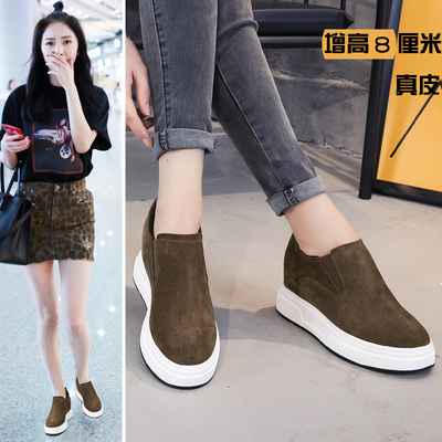 2017秋新款小码高跟单鞋女磨砂皮懒人休闲鞋厚底松糕跟内增高女鞋