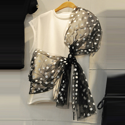 时尚2019夏新款蝴蝶结网纱拼接系带波点圆领T恤女套头无袖上衣潮