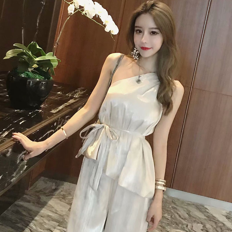 套装女夏2018新款香槟斜领不规则腰带上衣垂感喇叭裤阔腿裤两件套在类目 女装/女士精品, 套装/学生校服/工作制服, 时尚套装中 - 来自Buy2taobao.com提供专业的淘宝代购服务