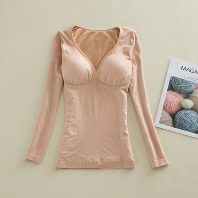 冬季保暖内衣女加厚加绒带胸垫肤色v领紧身美体打底衫棉秋衣上衣