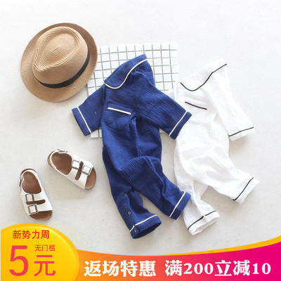 女婴儿宝宝连体衣夏季男童棉麻长袖居家服睡衣薄款儿童空调服哈衣