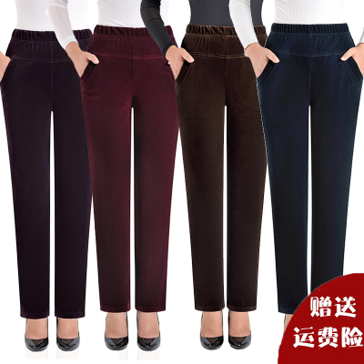秋冬灯芯绒休闲裤女中老年松紧腰高腰女裤条绒长裤大码直筒妈妈裤