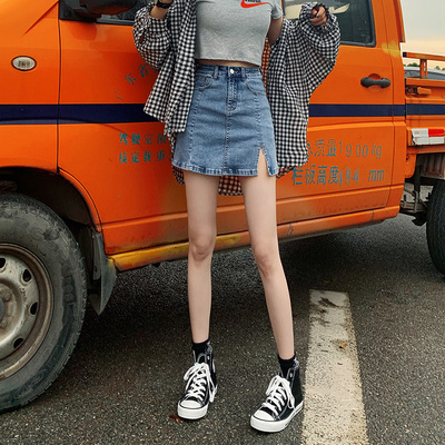 a字半身裙2020夏季新款薄款韩国东大门bm风高腰包臀开叉牛仔短裙