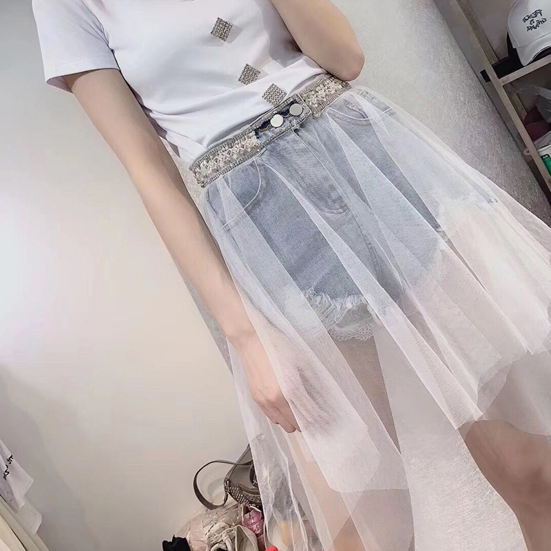欧洲站2019夏季新款女装欧货重工钉珠拼接网纱百搭牛仔短裤热裤潮|ruв категории Женская одежда, джинсы - от Buy2taobao.com для оказания профессиональной услуги покупки агента Taobao