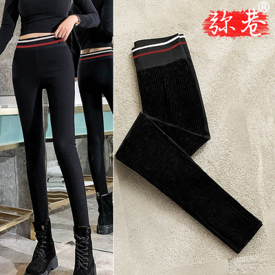 外穿打底裤加绒加厚秋裤女高腰螺纹竖条纹学生棉小脚大码九分裤子