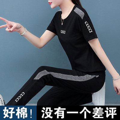 2020夏季休闲运动服套装女夏天时尚减龄短袖纯棉夏装宽松两件套潮