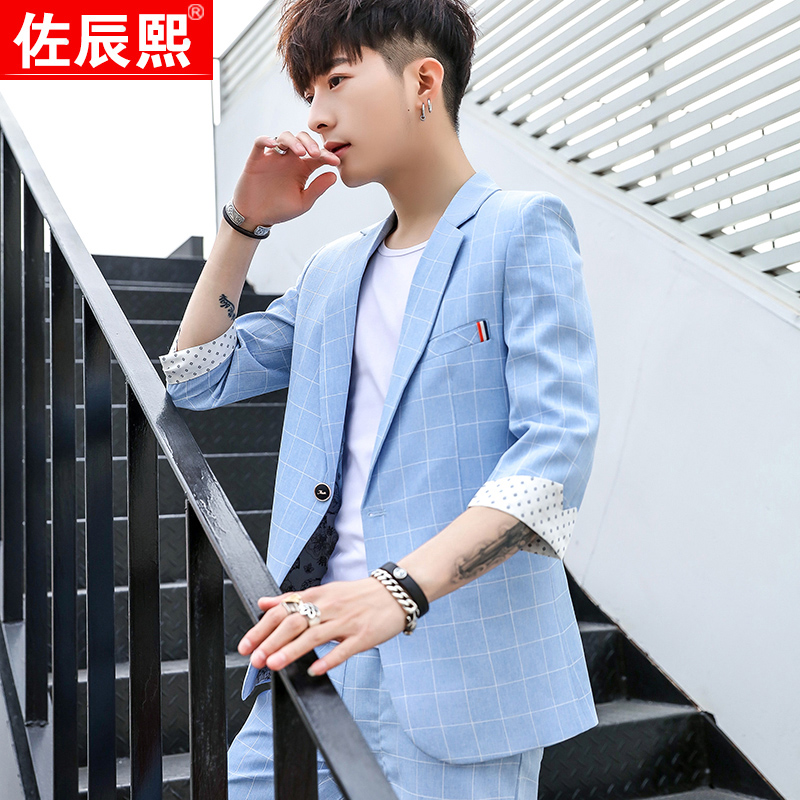 夏季韩版修身短袖小西服套装青少年男七分袖中袖西装男装一套礼服|ruв категории Мужская одежда, костюм - от Buy2taobao.com для оказания профессиональной услуги покупки агента Taobao