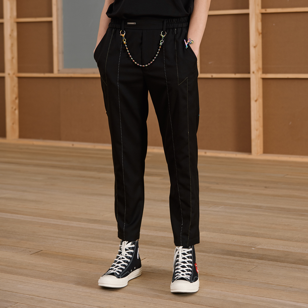 Unawares SS19 炫彩电镀挂链珠边压线西裤 黑色|ruв категории Мужская одежда, брюки - от Buy2taobao.com для оказания профессиональной услуги покупки агента Taobao