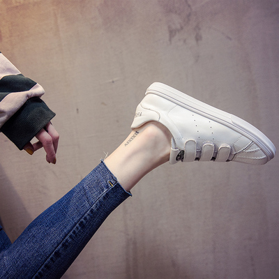 小白鞋女板鞋2018春夏韩版百搭休闲真皮魔术贴贝壳头平底学生单鞋