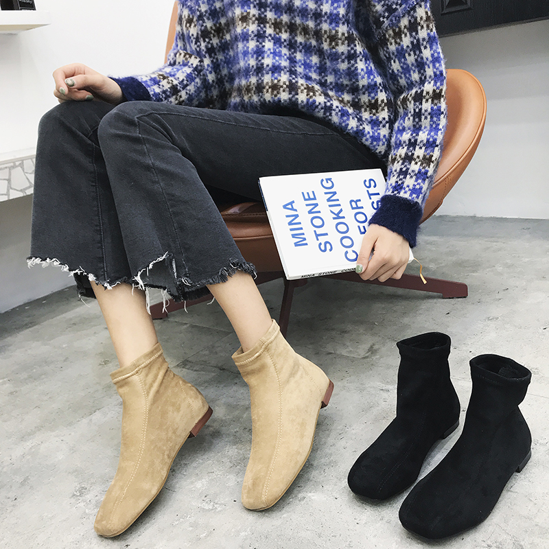 Simplicity Square comfortable Bootie 2018 Autumn and winter Flat bottom soft sole Socks fashion Versatile Show thin Bootsin the Women's Shoes, Boots category - from Buy2taobao.com to provide professional Taobao agent buy service