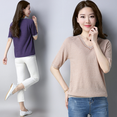 2018新款动感 哥弟桑蚕丝女T恤短袖韩版V领纯色修身针织真丝上衣