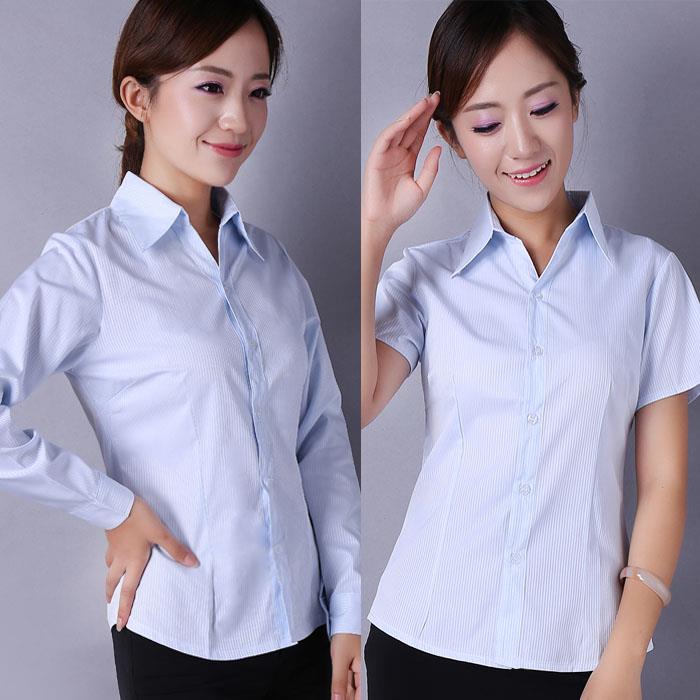 春夏季新女短袖衬衫职业装工作服浅蓝色条纹长袖衬衣收腰办公银行|ruв категории Женская одежда, рубашка - от Buy2taobao.com для оказания профессиональной услуги покупки агента Taobao