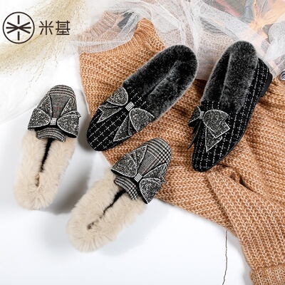 米基瓢鞋豆豆鞋女2017冬面包子鞋秋平底鞋女蝴蝶结毛毛鞋单鞋子女