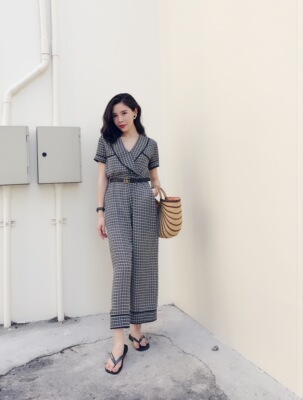 DR AZHU STUDIO 18年春夏款 经典格子 阔腿 收腰显瘦连体裤女