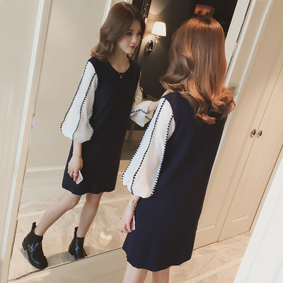 秋季女装中长款灯笼袖针织打底小衫假两件a字宽松学生T恤毛衣裙子