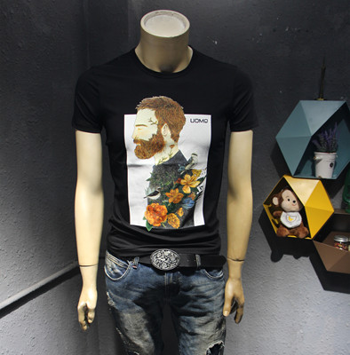 夏季特价人物短袖T恤 2018男圆领潮流青年百搭纯棉修身短袖男潮