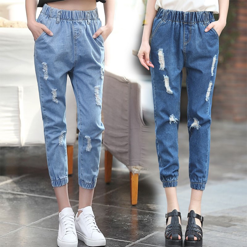 Harajuku Elastic band Trousers Closing Crop Easy hole Ankle band Elastic Pantsin the Women's clothing/Boutique , Jeans category - from Buy2taobao.com to provide professional Taobao agent buy service