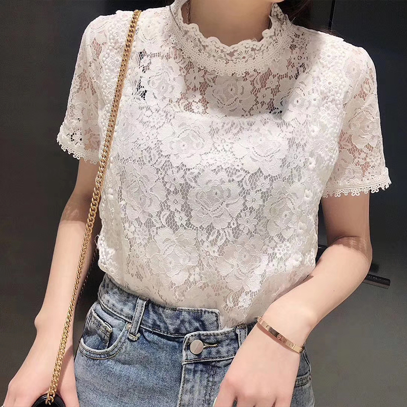 Europe station 2019 Summer wear new pattern European goods Solid Versatile Stand collar crochet Hollow Easy Short sleeved Lace shirtin the Women's clothing/Boutique , Lace shirt/Chiffon shirt category - from Buy2taobao.com to provide professional Taobao agent buy service