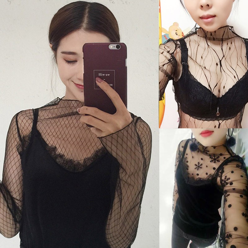 transparent Base coat Gauze Mesh shirt sexy Hollow Crape Lace Long sleeve Internal lap perspective Coat.in the Women's clothing/Boutique , Lace shirt/Chiffon shirt category - from Buy2taobao.com to provide professional Taobao agent buy service