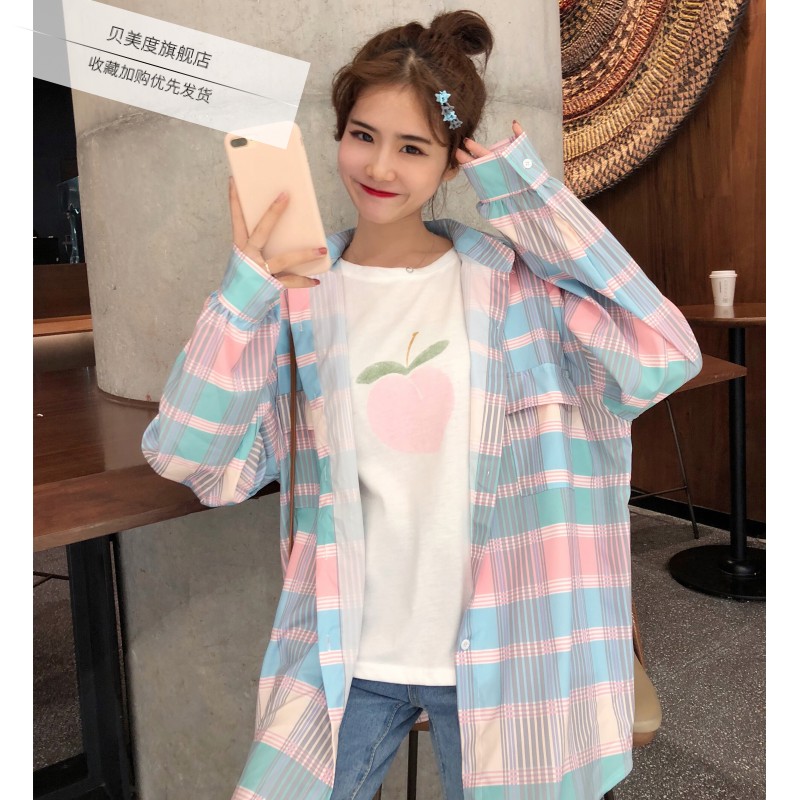 学生时尚韩版百搭很仙的洋气雪纺上衣格子衬衫粉色防晒长袖外套女|msdalam kategori Butik wanita / wanita, shirt - dari Buy2taobao.com untuk memberikan perkhidmatan ejen Taobao profesional membeli
