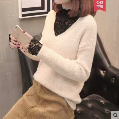 防水貂绒毛衣女套头拼接蕾丝V领宽松短款百搭针织衫时尚打底上衣|ruв категории Женская одежда, свитер - от Buy2taobao.com для оказания профессиональной услуги покупки агента Taobao