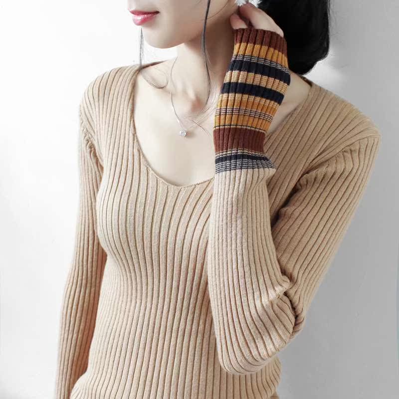 V领毛衣女套头2018秋装新款修身针织衫条纹袖百搭上衣长袖打底衫在类目 女装/女士精品, 毛衣中 - 来自Buy2taobao.com提供专业的淘宝代购服务