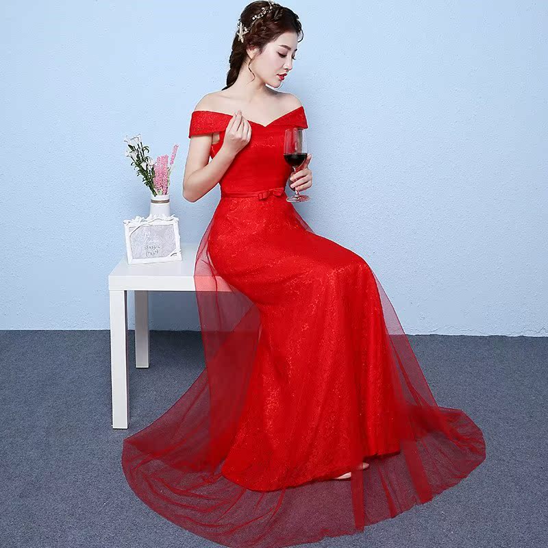 长款蕾丝一字肩新娘晚礼服结婚款红色新款春季女年会主持人婚纱|msdalam kategori Butik wanita / wanita, perkahwinan/Cheongsam/pakaian, perkahwinan - dari Buy2taobao.com untuk memberikan perkhidmatan ejen Taobao profesional membeli