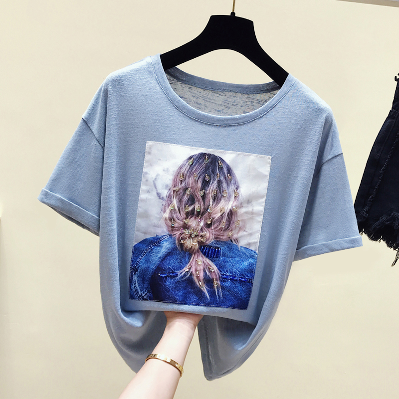 Bright silk girl Back Short sleeved heavy industry jacket 2019 Korean Edition blue Easy INS Base coatin the Women's clothing/Boutique , T-shirt category - from Buy2taobao.com to provide professional Taobao agent buy service