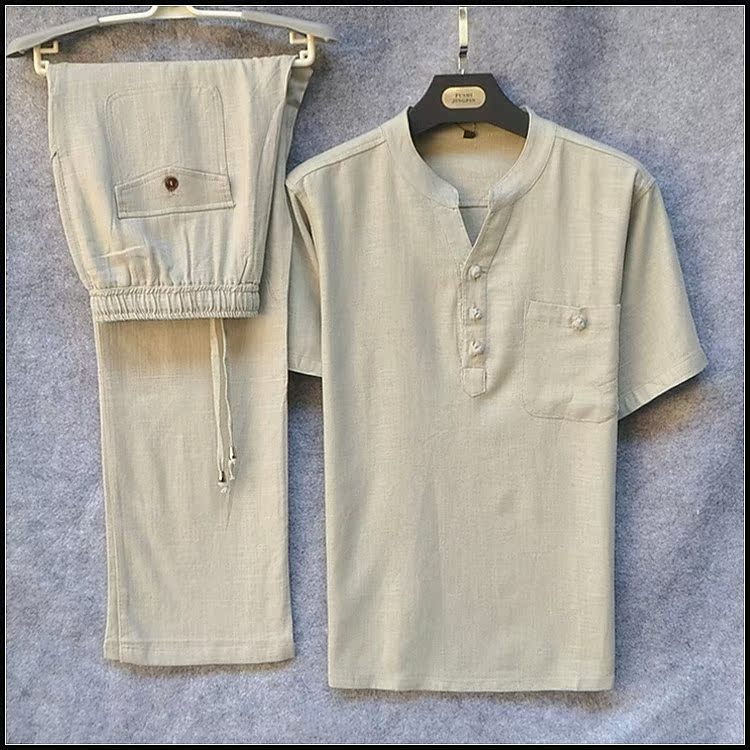XL Chinese style Cotton and hemp suit Short sleeved T-shirt Men's Tang costume Easy Middle and old age Flax dadin the Men's clothing, National costume category - from Buy2taobao.com to provide professional Taobao agent buy service