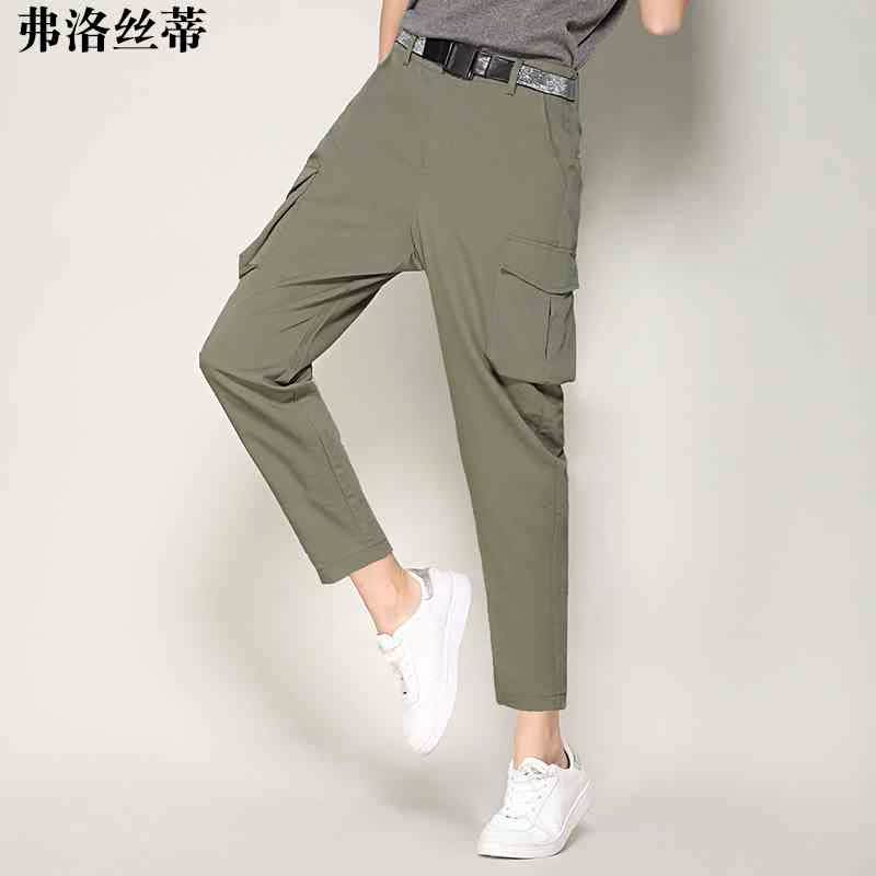 法式工装裤女宽松bf高腰小脚哈伦裤子夏季大码直筒显瘦军绿九分裤|msdalam kategori Butik wanita / wanita, seluar, seluar santai - dari Buy2taobao.com untuk memberikan perkhidmatan ejen Taobao profesional membeli
