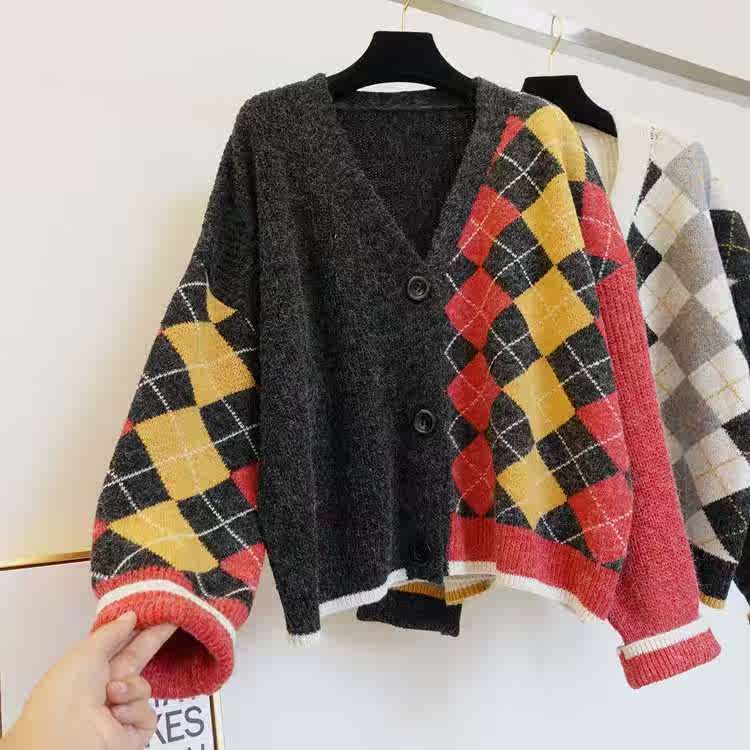 Diamond lattice sweater Lazy coat Korean Edition 2018 Autumn and winter new pattern Retro V-neck Hit color Easy Long sleeve knittingin the Women's clothing/Boutique , Sweaters category - from Buy2taobao.com to provide professional Taobao agent buy service