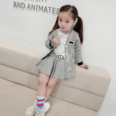 女童时尚套装裙洋气春装宝宝针织开衫儿童百褶裙女小童韩版潮衣服