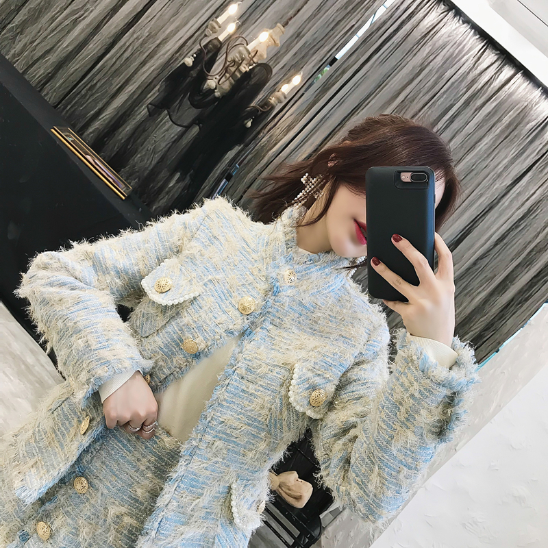 秋冬小香風名媛網紅兩件套亮絲淡藍色毛呢矮個子時尚洋氣套裝裙女在類目 女裝/女士精品, 毛呢外套中 - 來自Buy2taobao.com提供專業的淘寶代購服務