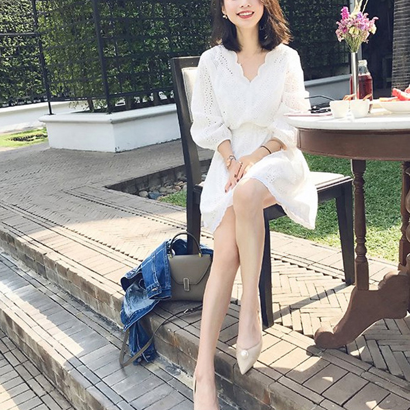 Di Yue French Waist Retro skirt Seaside on vacation Maxi dress V-neck white Lace Dressin the Children/Baby/Family fitted , Other category - from Buy2taobao.com to provide professional Taobao agent buy service