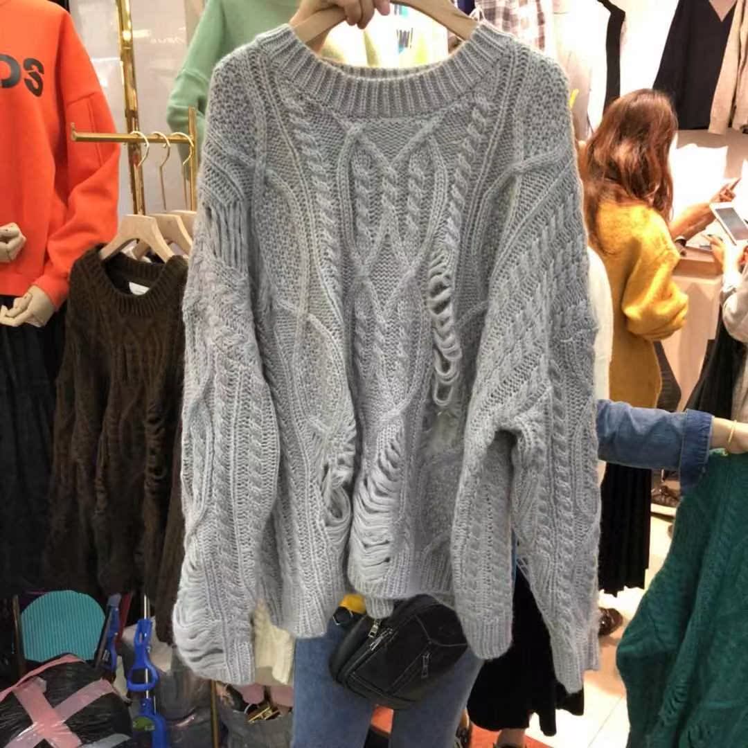 2018冬季韩新款版慵懒风破洞毛衣外套秋冬宽松套头针织衫上衣女装在类目 女装/女士精品, 毛衣中 - 来自Buy2taobao.com提供专业的淘宝代购服务