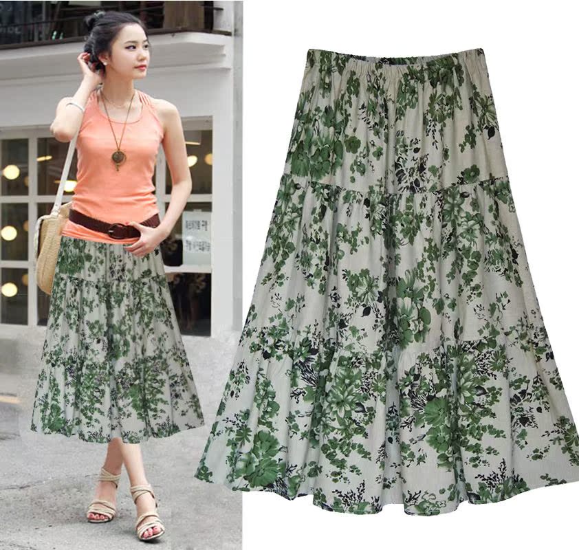 summer Elastic waist printing longuette Show thin Flax Ethnic style Cotton and hemp skirt Big swing skirt Broken flowers A word skirtin the Women's clothing/Boutique , Skirts category - from Buy2taobao.com to provide professional Taobao agent buy service