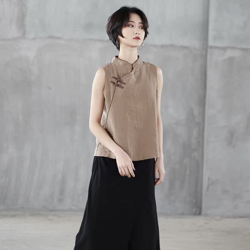 夏中式盘扣背心女复古国风无袖亚麻立领斜襟套头茶服文青马甲撞色在类目 女装/女士精品, 背心吊带中 - 来自Buy2taobao.com提供专业的淘宝代购服务